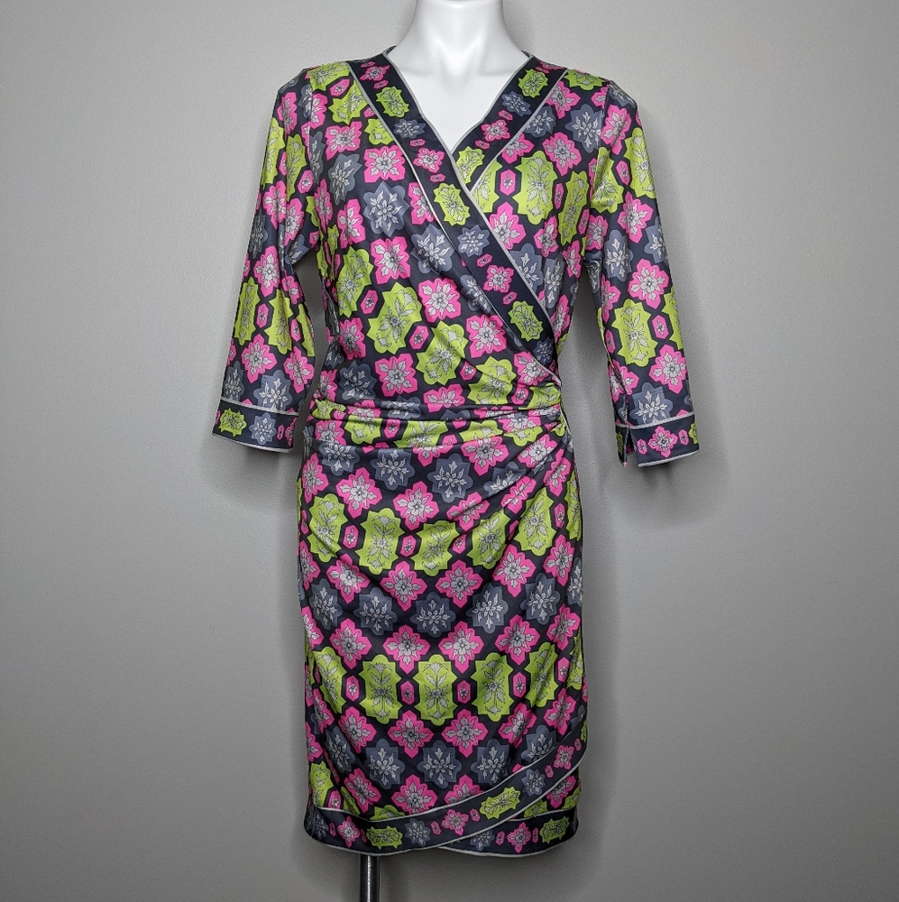 Gretchen Scott grey pink green jersey wrap it up dress M